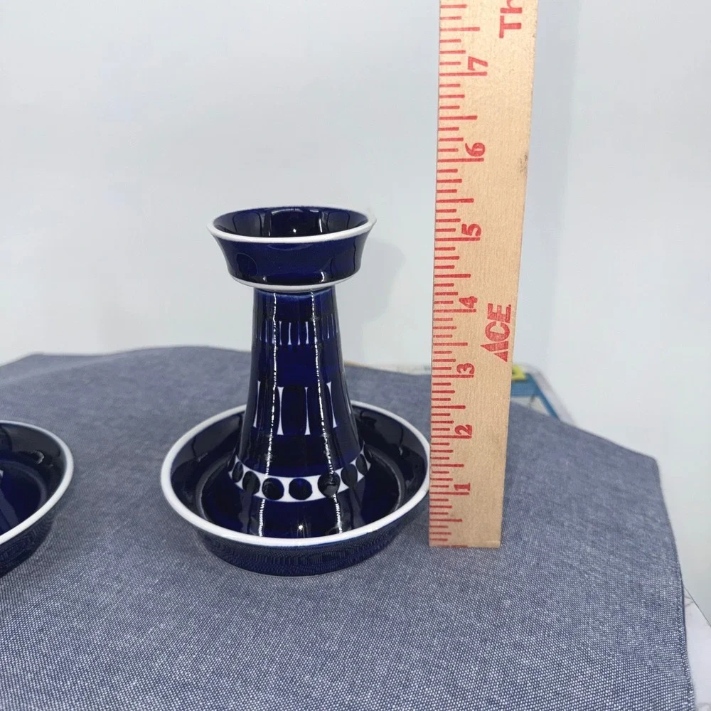 Arabia Finland Valencia Candle Sticks Set 2 Ulla Procope Blue White Hand Painted